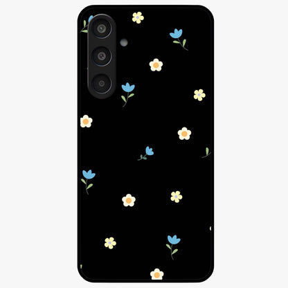 Minimalistic Blue With White Flower Pattern Glass Case showing flat back view with blue background and white flower pattern and glossy glass finish.