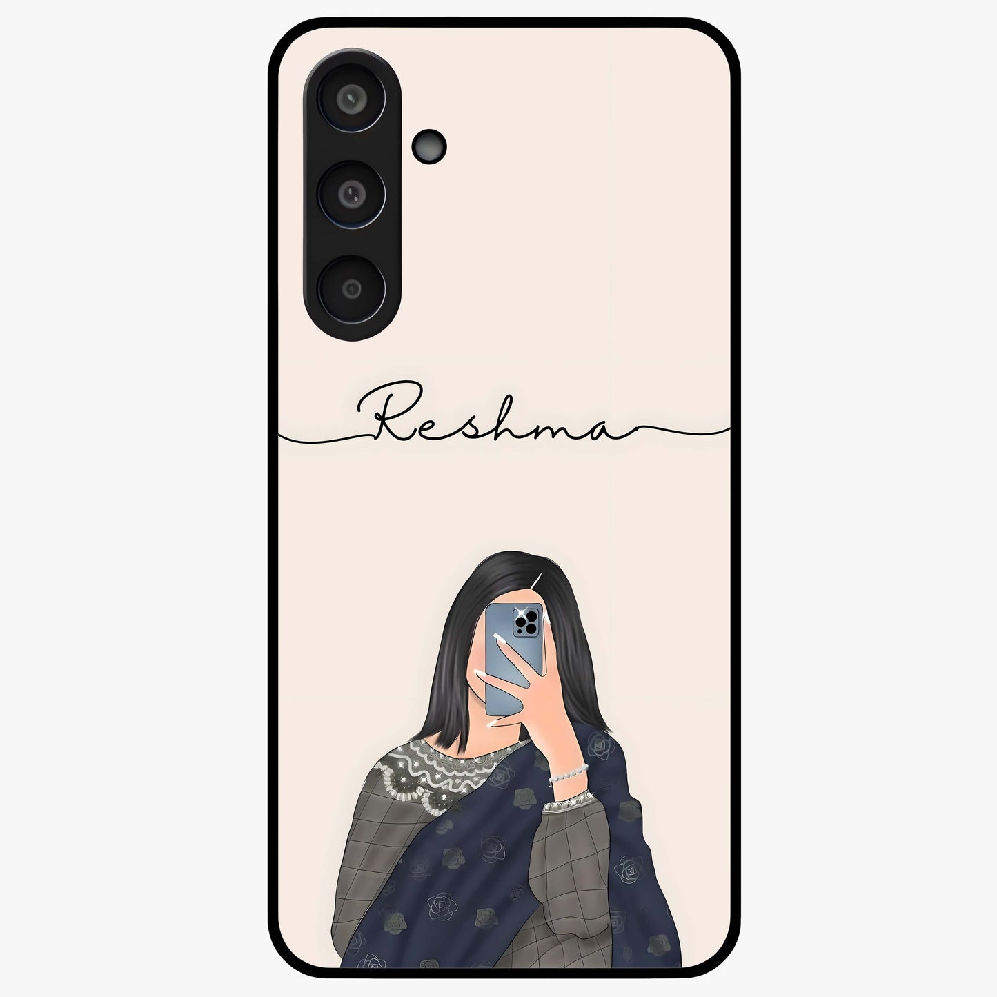 Mirror Mood Muse With Custom Name Glass Case showing flat back view with stylish mirrored artwork and personalized name design.