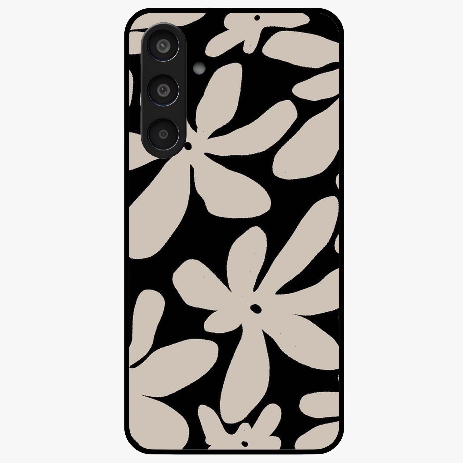 Monochrome Petal Dance Glass Case showing flat back view with monochrome floral artwork and glossy glass finish.