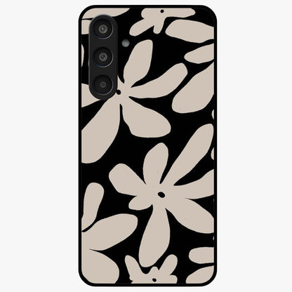 Monochrome Petal Dance Glass Case showing flat back view with monochrome floral artwork and glossy glass finish.
