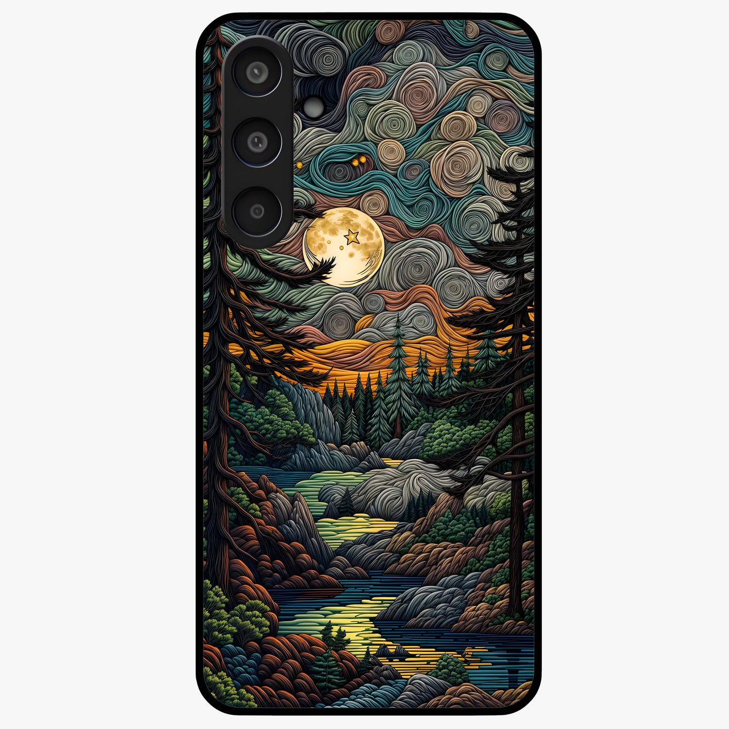 Moonlight Forest Dream Glass Case showing flat back view with mystical forest moonlight artwork and glossy glass finish.