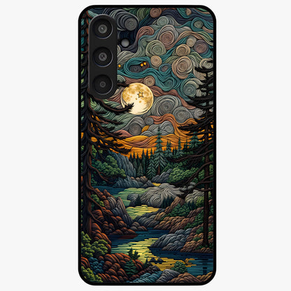 Moonlight Forest Dream Glass Case showing flat back view with mystical forest moonlight artwork and glossy glass finish.