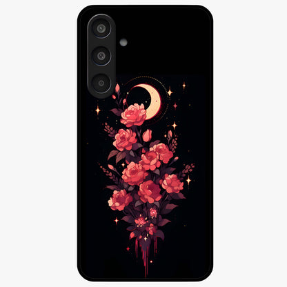 Moonlit Floral Elegance Glass Case showing flat back view with elegant floral artwork under moonlit tones and glossy glass finish.