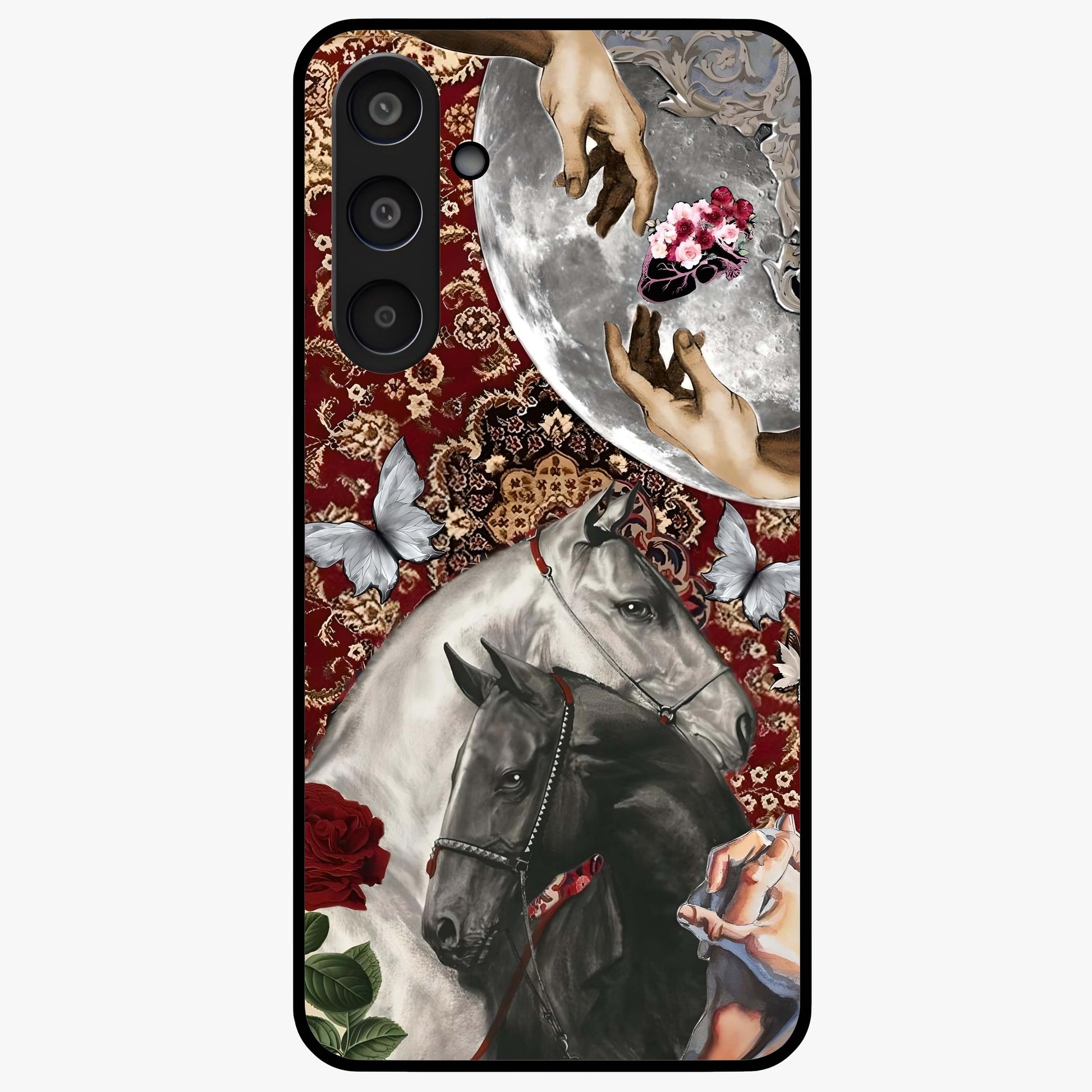 Moonlit Royal Stallion Glass Case showing flat back view with majestic horse under moonlight artwork and glossy glass finish.