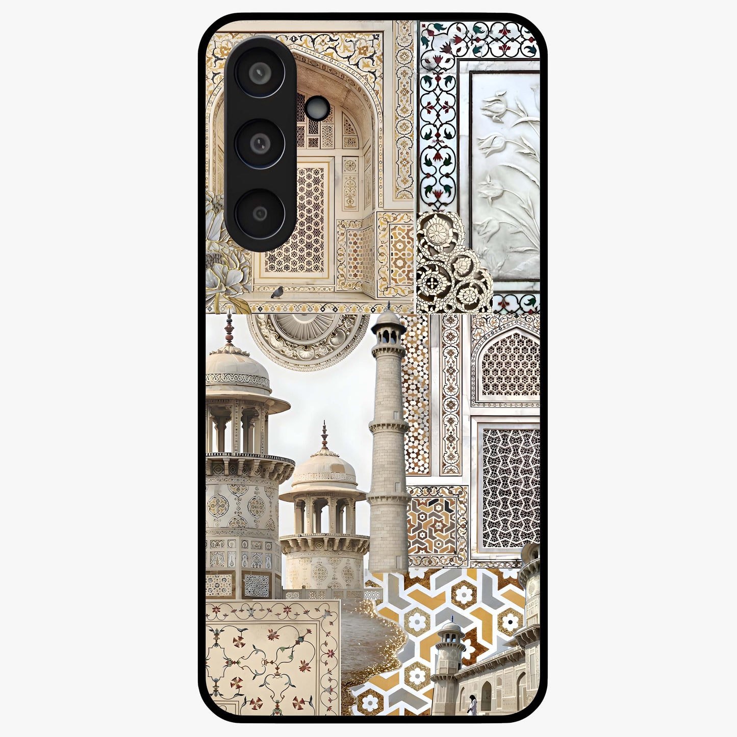 Mughal Marble Legacy Glass Case showing flat back view with intricate Mughal inspired marble pattern and glossy glass finish.