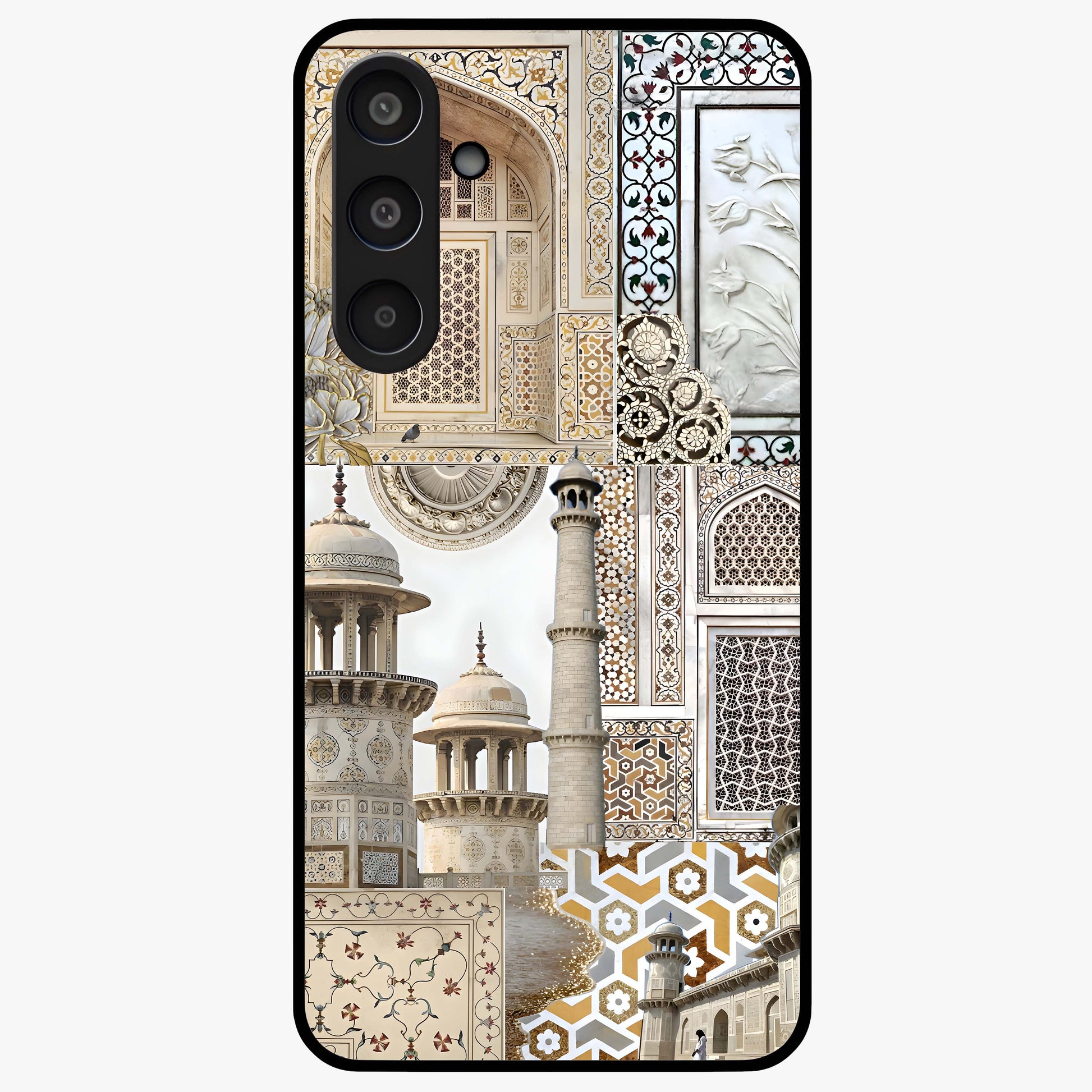 Mughal Marble Legacy Glass Case showing flat back view with intricate Mughal inspired marble pattern and glossy glass finish.
