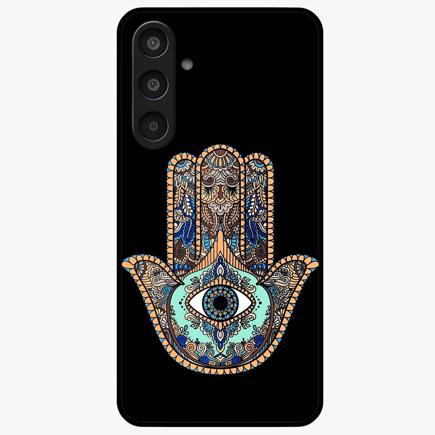 Mystic Hamsa Eye Glass Case showing flat back view with protective hamsa hand and evil eye artwork and glossy glass finish.