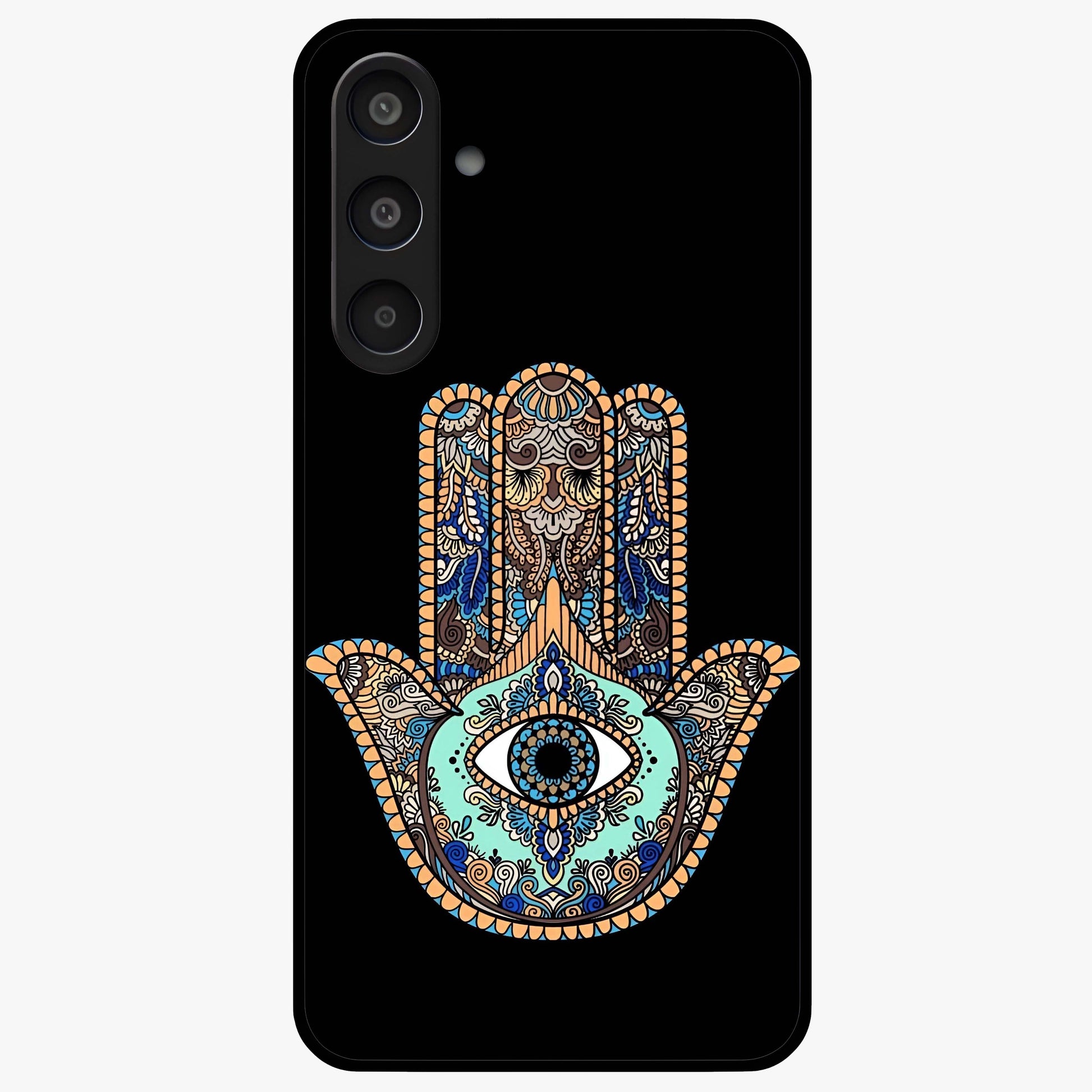 Mystic Hamsa Eye Glass Case showing flat back view with protective hamsa hand and evil eye artwork and glossy glass finish.