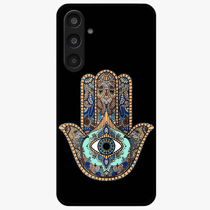 Mystic Hamsa Eye Glass Case showing flat back view with protective hamsa hand and evil eye artwork and glossy glass finish.