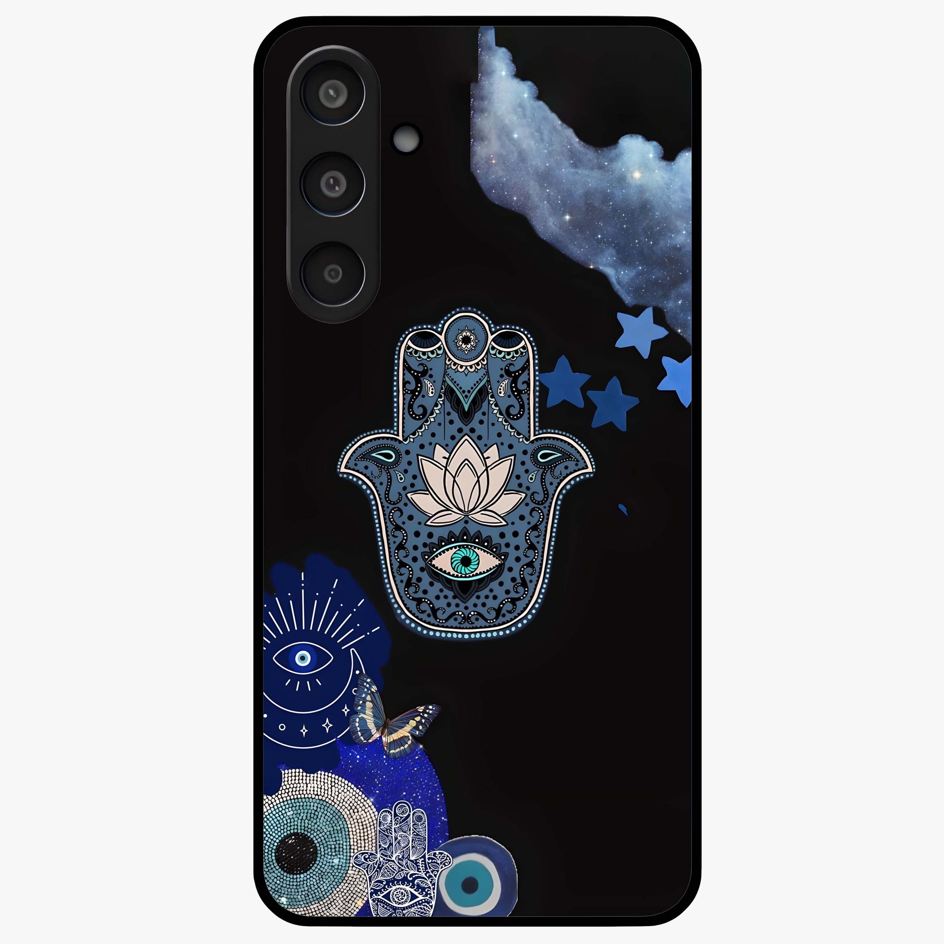 Mystic Hand Aura Glass Case showing flat back view with mystical hand symbol artwork and glossy glass finish.