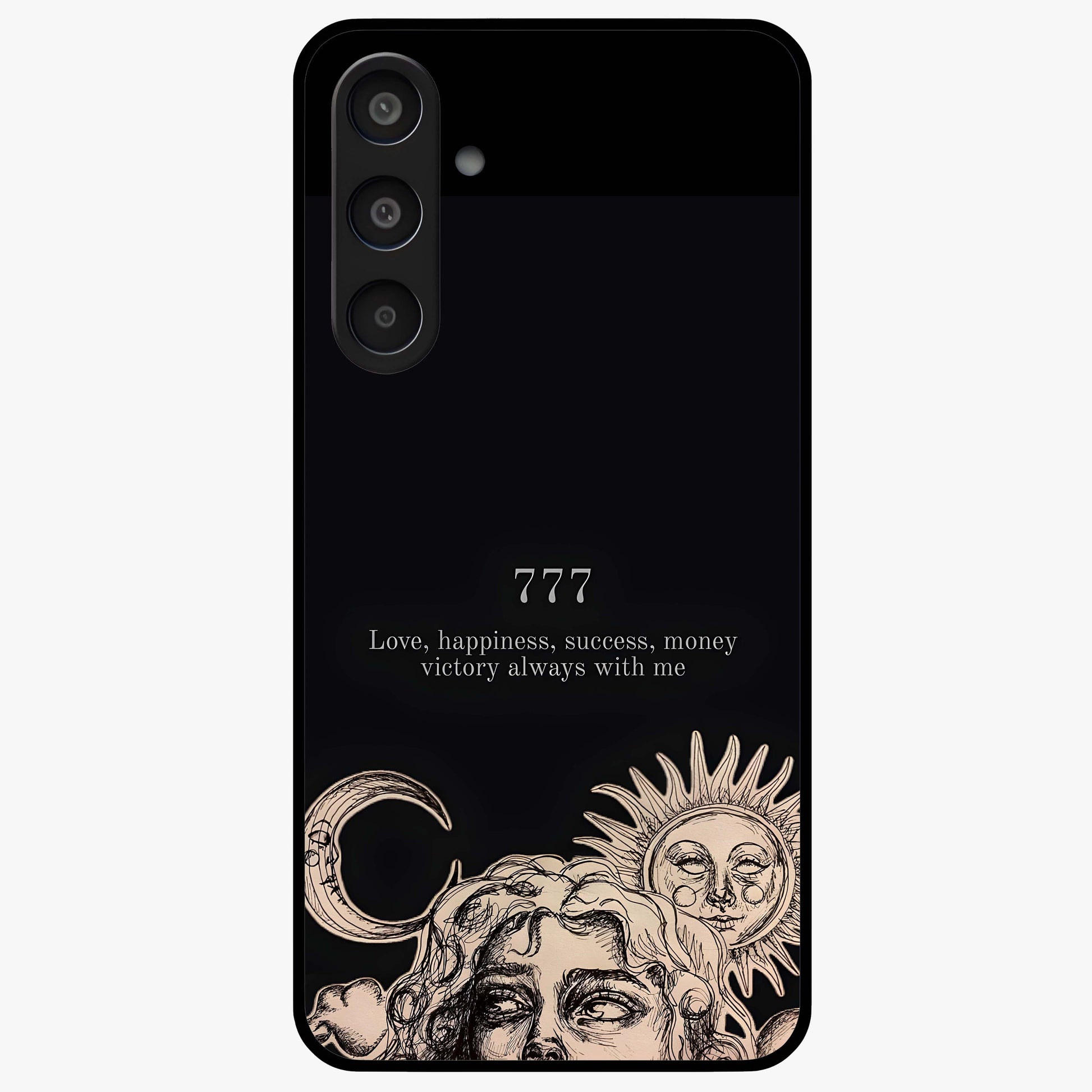 Mystic Victory Aura Glass Case showing flat back view with victory symbol artwork and glossy glass finish.