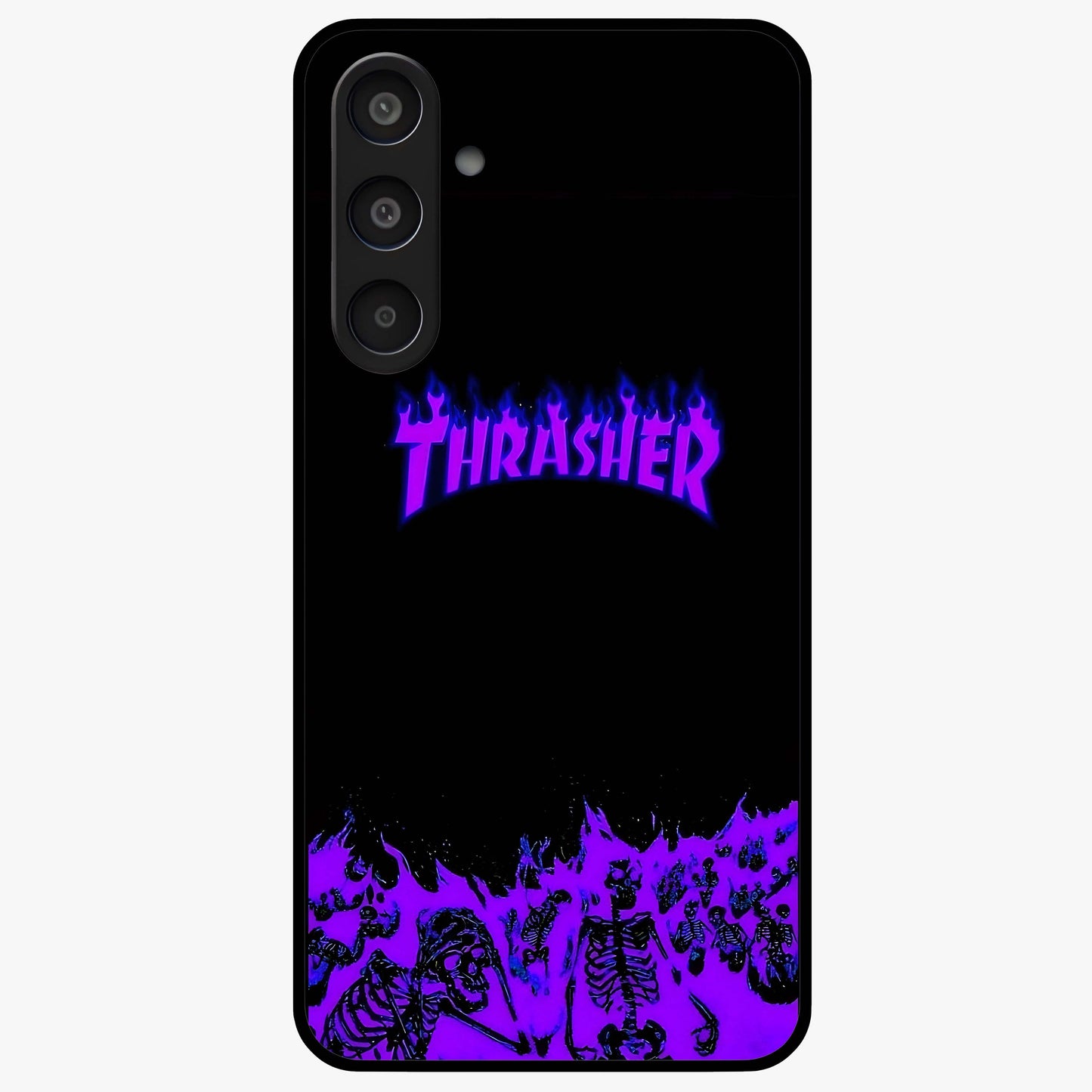 Neon Flame Riot Glass Case showing flat back view with neon flame artwork and glossy glass finish.