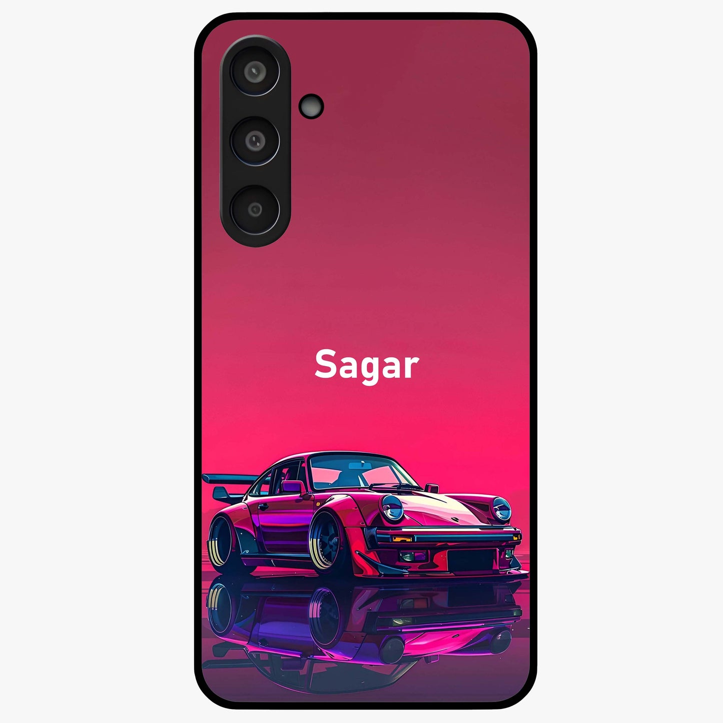 Neon Pink Porsche Glass Case showing flat back view with stylish sports car artwork and glossy glass finish.
