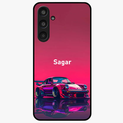 Neon Pink Porsche Glass Case showing flat back view with stylish sports car artwork and glossy glass finish.