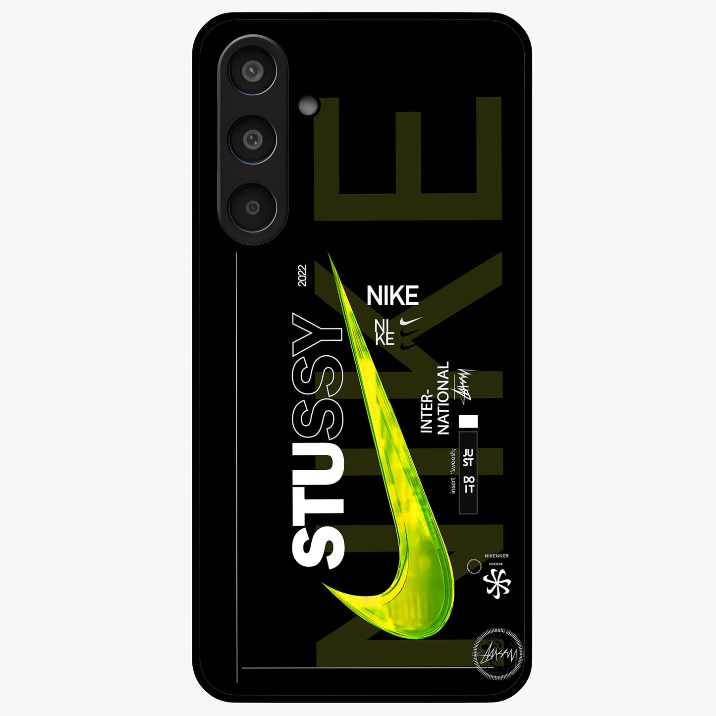 Neon Street Edition Glass Case showing flat back view with neon street style artwork and glossy glass finish.