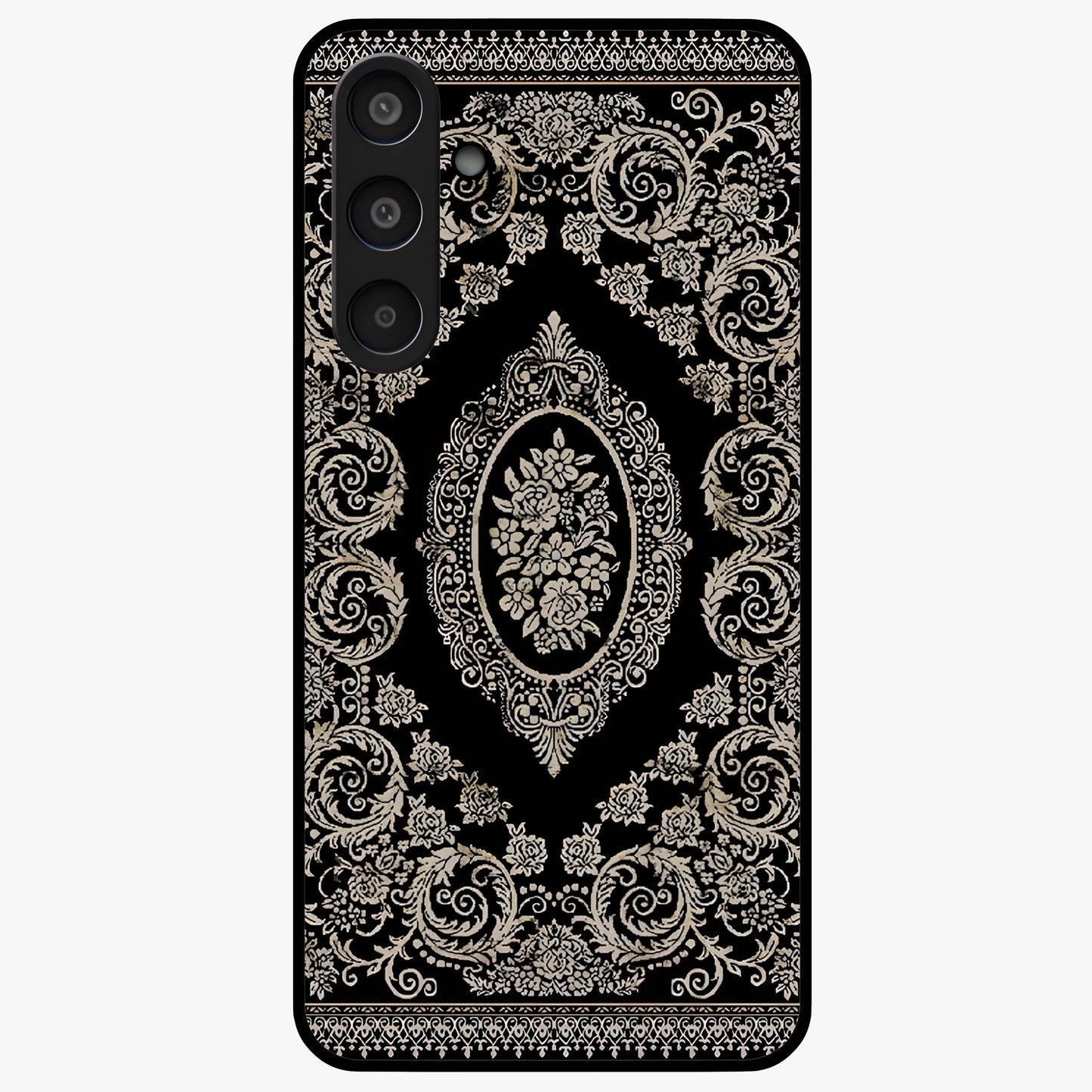 Noir Bloom Elegance Glass Case showing flat back view with elegant dark floral artwork and glossy glass finish.