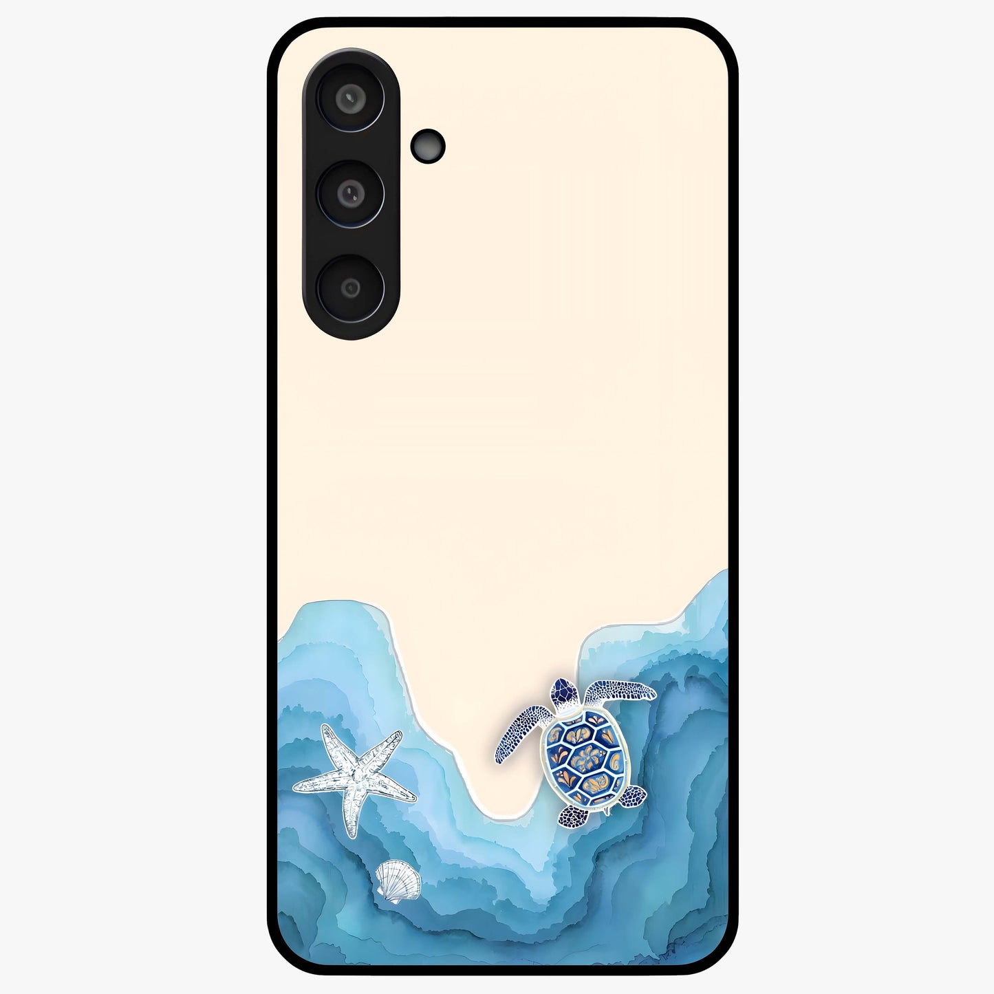 Ocean Drift Turtle Glass Case showing flat back view with sea turtle artwork and glossy glass finish.