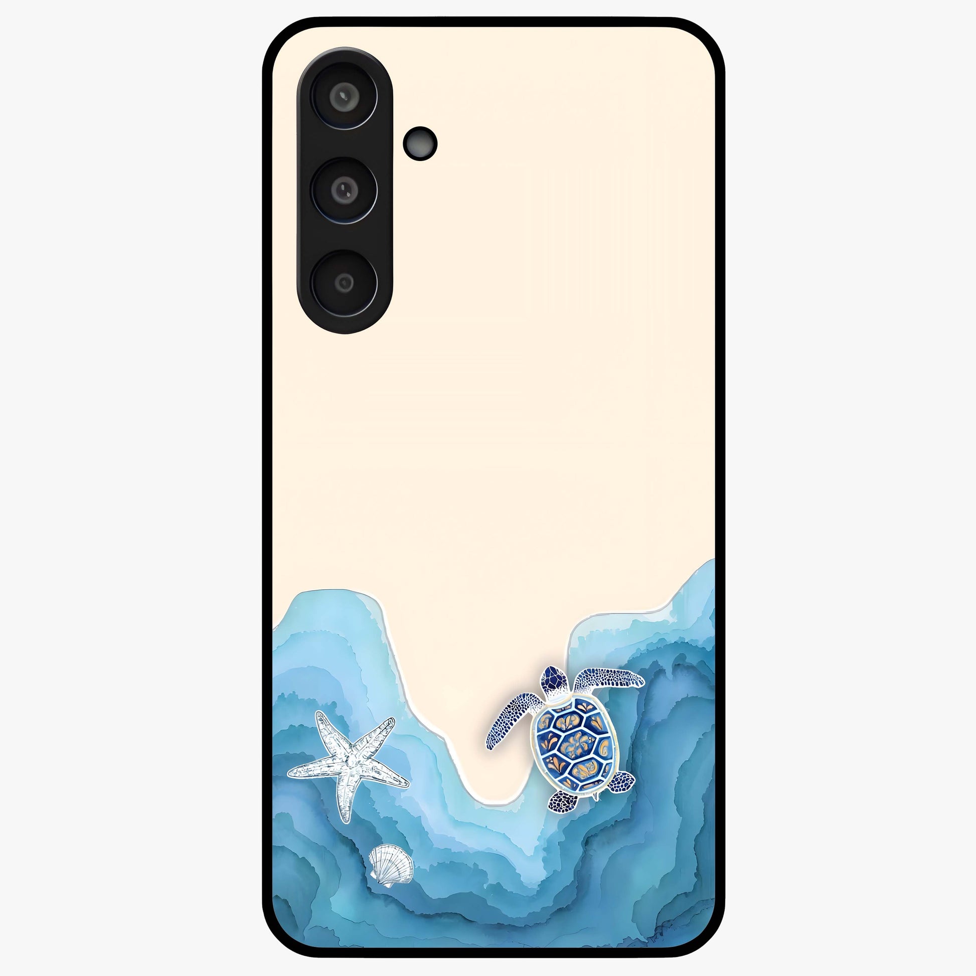 Ocean Drift Turtle Glass Case showing flat back view with sea turtle artwork and glossy glass finish.