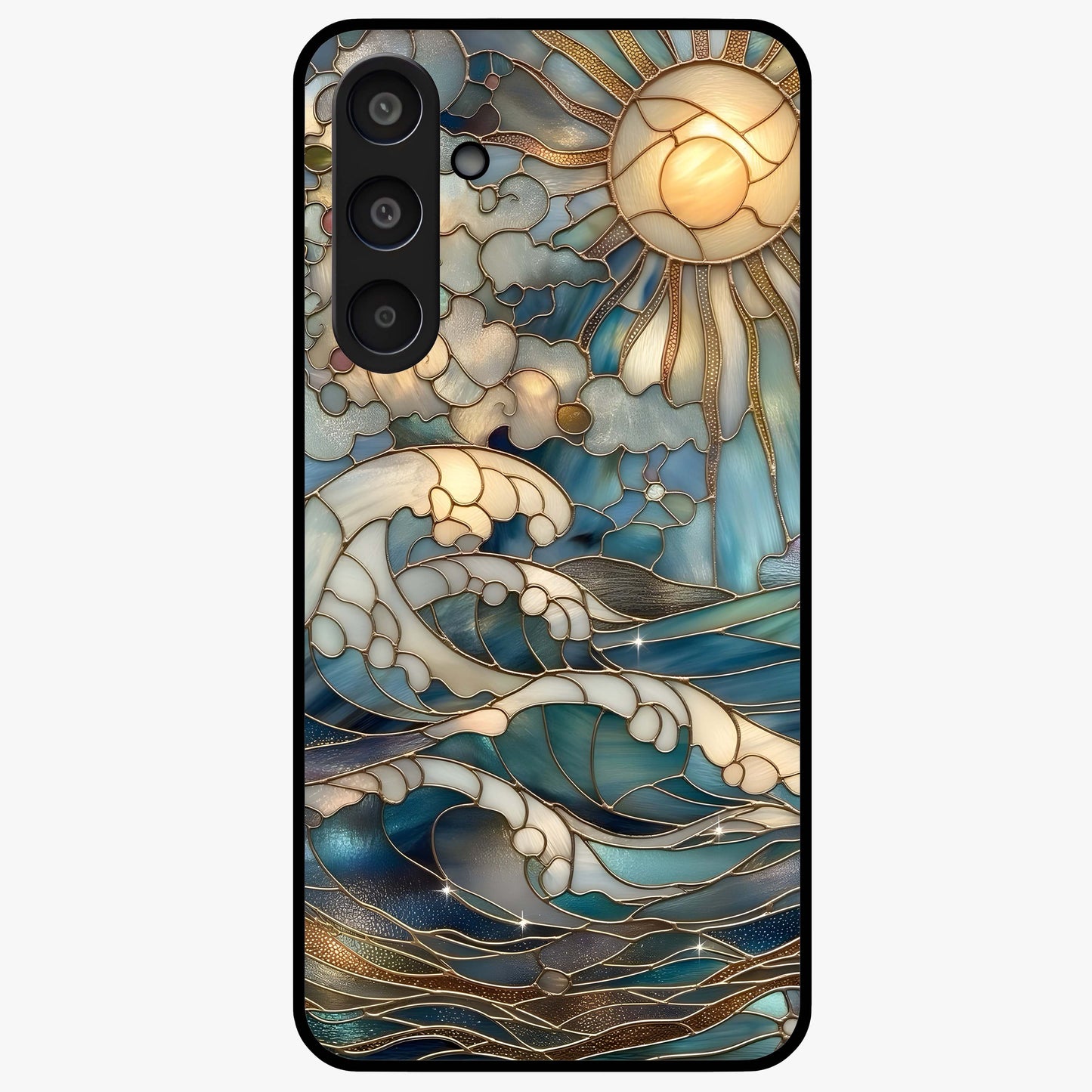Oceanic Stained Printed Glass Case showing flat back view with ocean inspired stained pattern artwork and glossy glass finish.