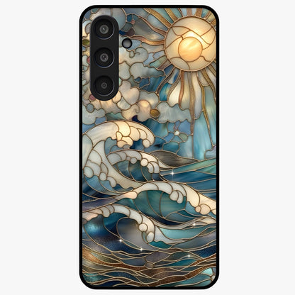 Oceanic Stained Printed Glass Case showing flat back view with ocean inspired stained pattern artwork and glossy glass finish.