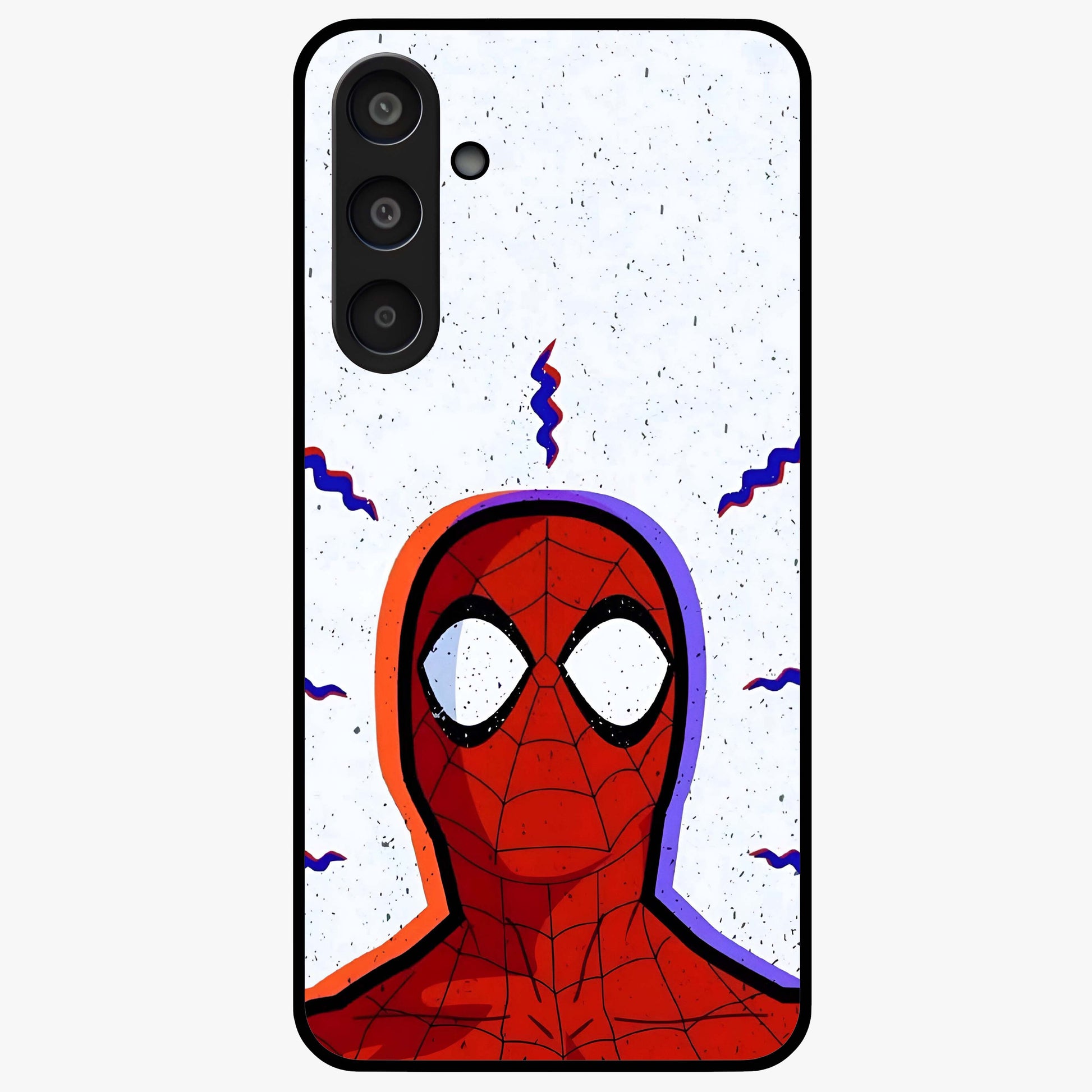 Omg Spiderman Glass Case showing flat back view with bold superhero inspired artwork and glossy glass finish.