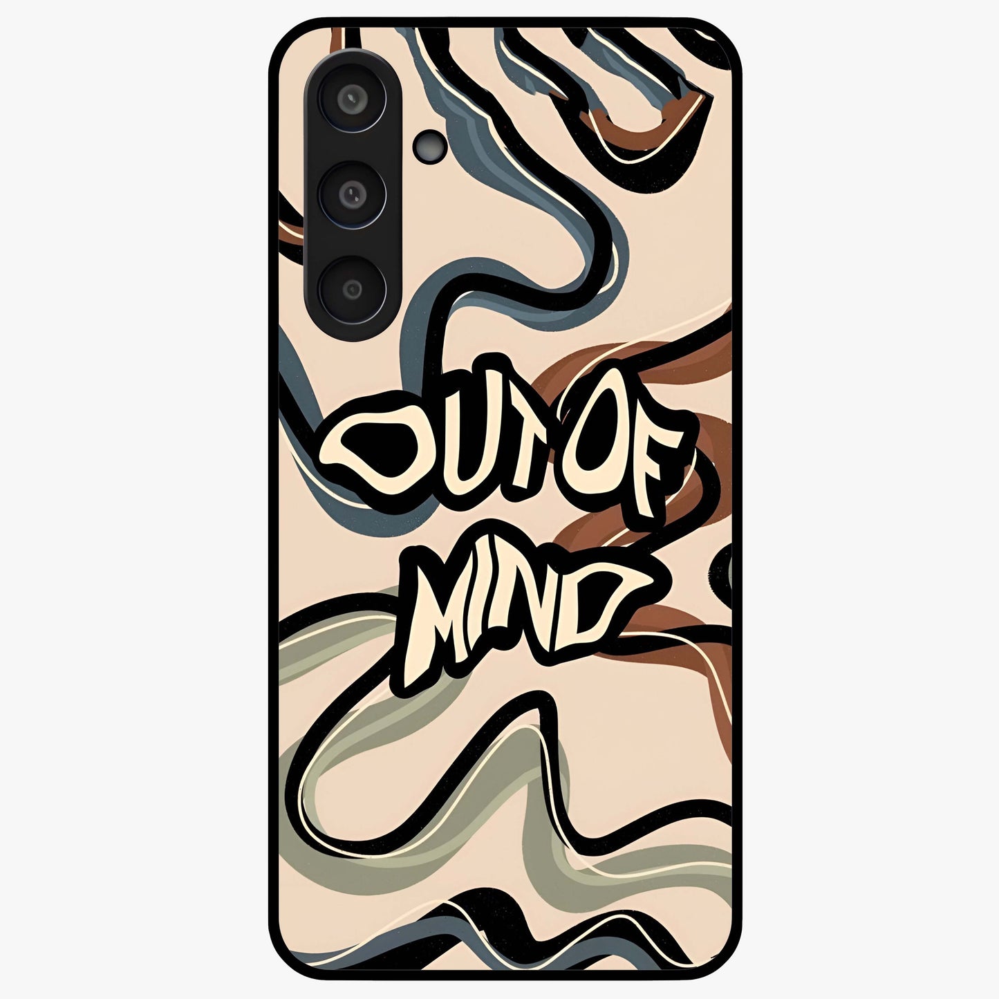 Out Of Mind Glass Case showing flat back view with expressive typography artwork and glossy glass finish.