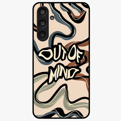 Out Of Mind Glass Case showing flat back view with expressive typography artwork and glossy glass finish.