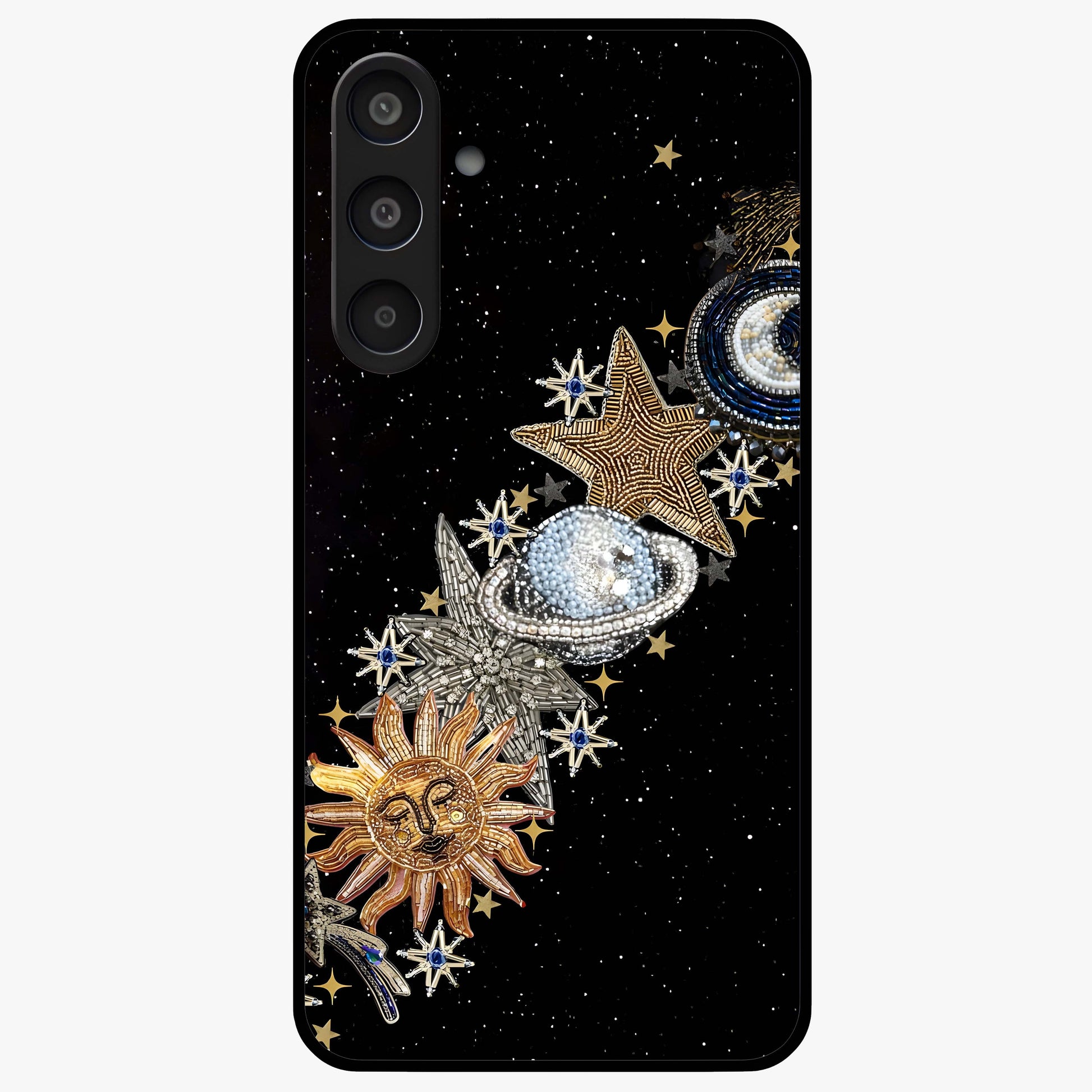 Pearls Universe Object Glass Case showing flat back view with pearl inspired cosmic artwork and glossy glass finish.