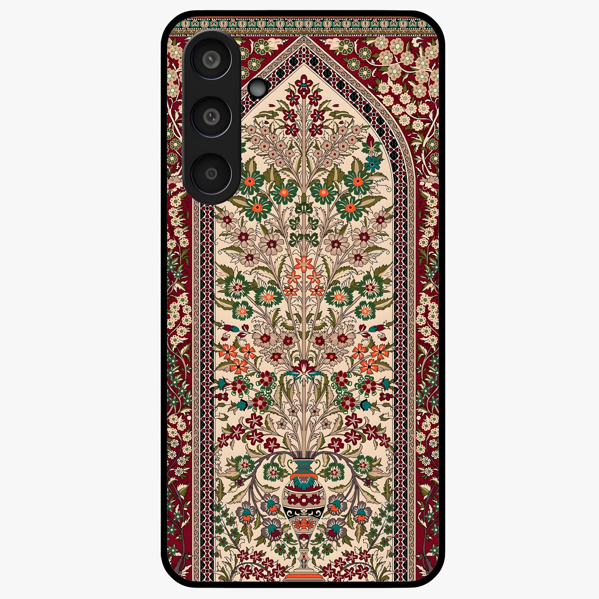 Persian Inspired Glass Case showing flat back view with ornate Persian style pattern artwork and glossy glass finish.
