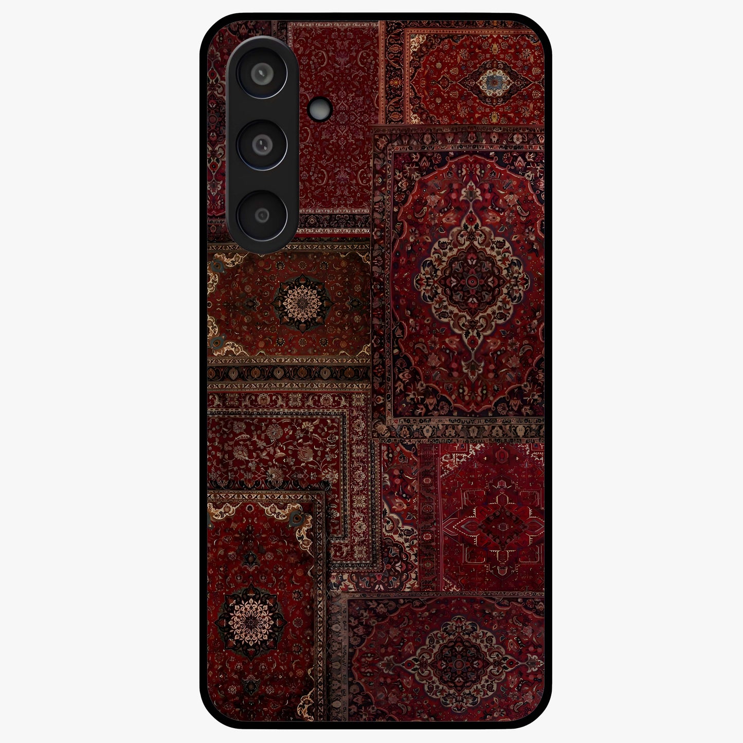 Persian Velvet Tale Glass Case showing flat back view with luxurious Persian velvet pattern artwork and glossy glass finish.