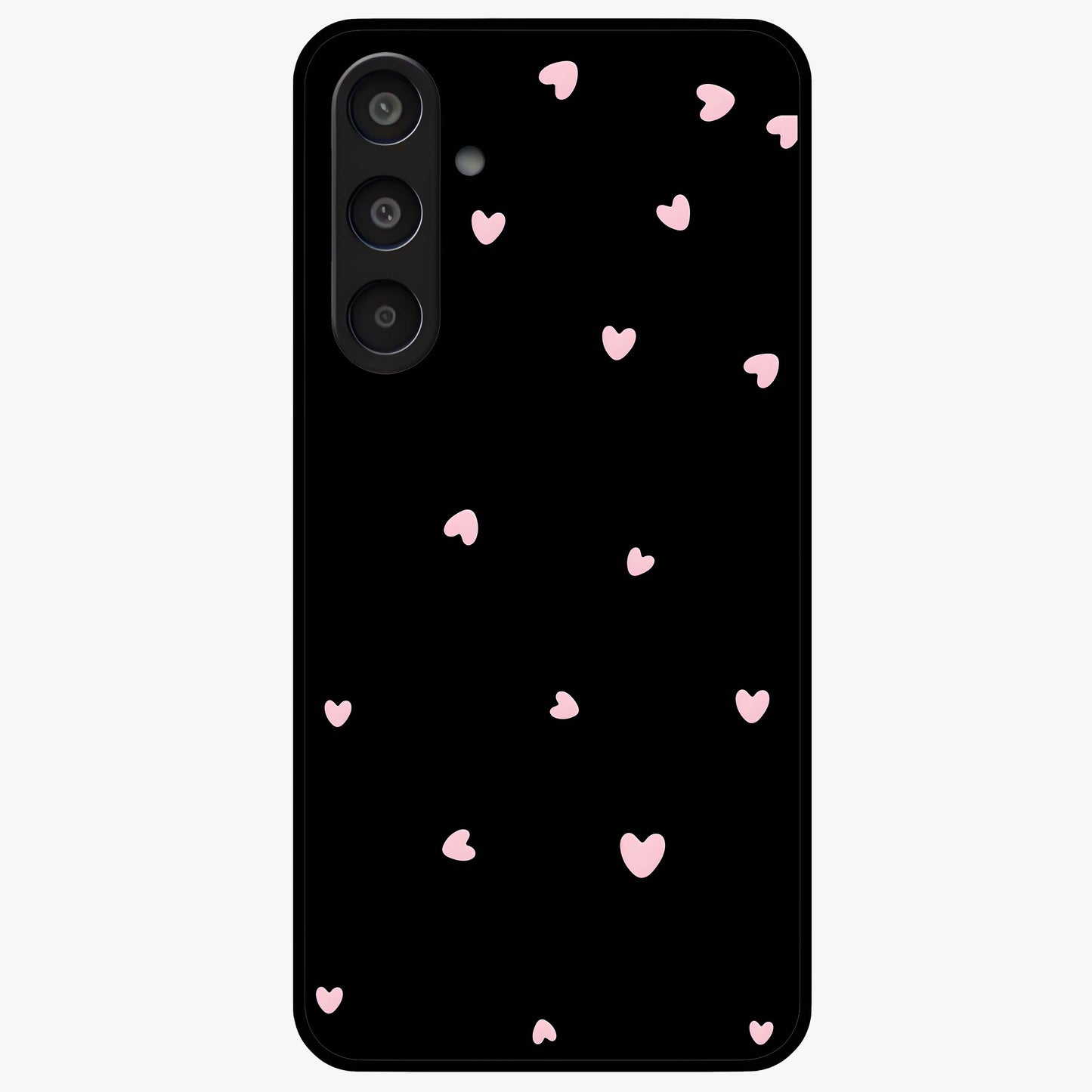 Pink Love Drops Glass Case showing flat back view with playful pink heart drops artwork and glossy glass finish.