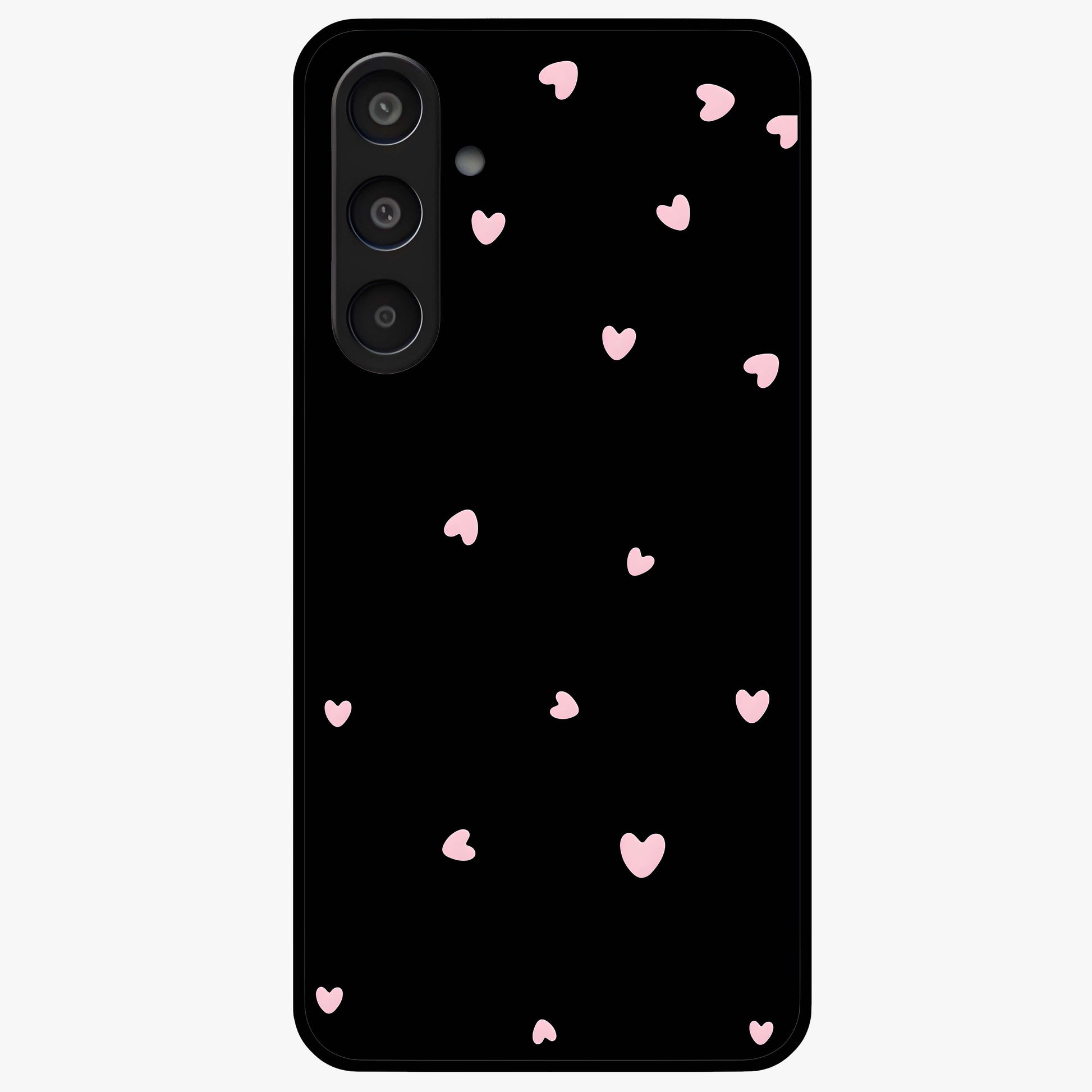 Pink Love Drops Glass Case showing flat back view with playful pink heart drops artwork and glossy glass finish.
