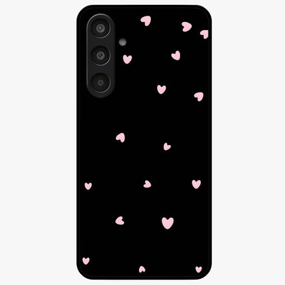 Pink Love Drops Glass Case showing flat back view with playful pink heart drops artwork and glossy glass finish.