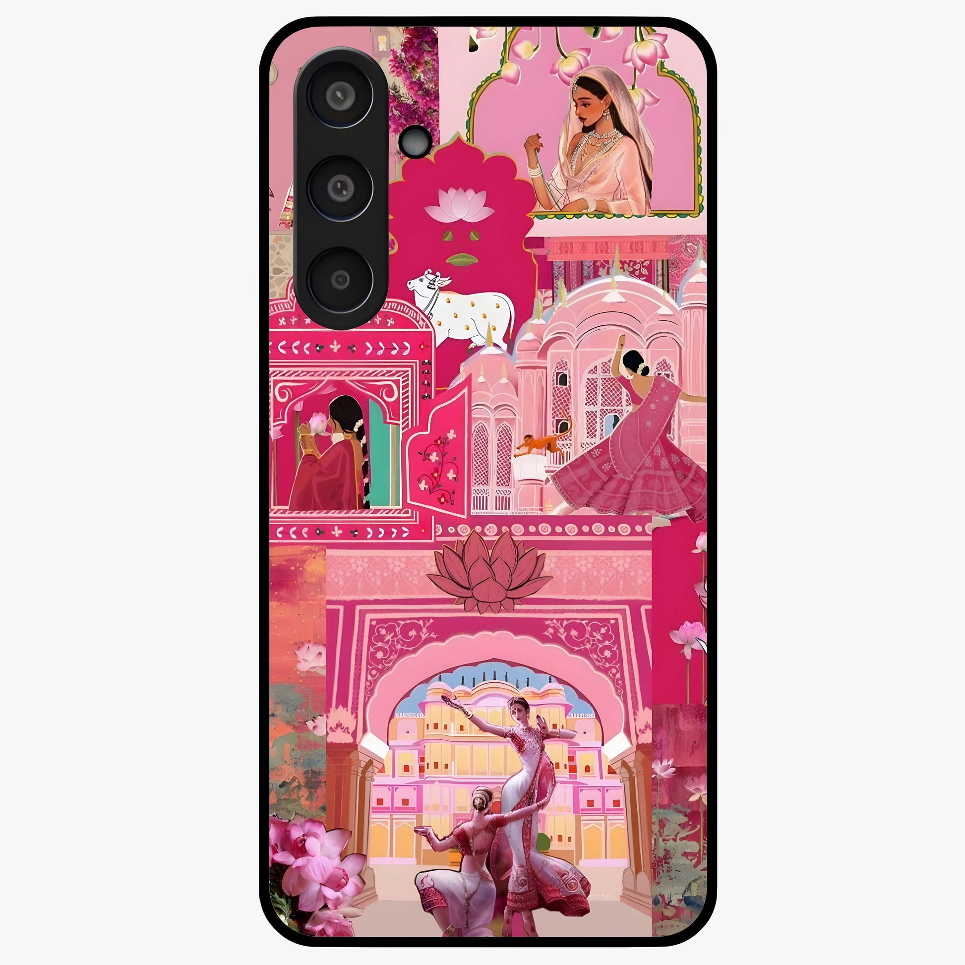 Pink Palace Muse Glass Case showing flat back view with elegant palace inspired artwork and glossy glass finish.