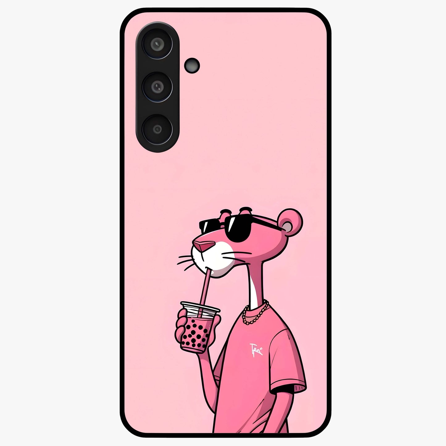 Pink Panther Glass Case showing flat back view with iconic pink panther artwork and glossy glass finish.