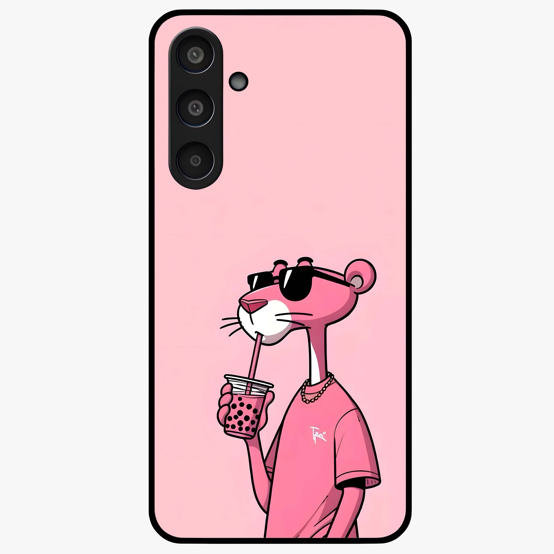 Pink Panther Glass Case showing flat back view with iconic pink panther artwork and glossy glass finish.