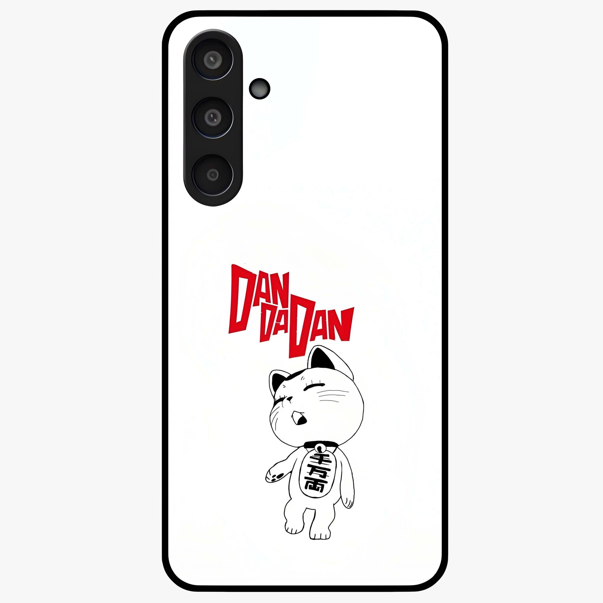 Playful Spirit Charm Glass Case showing flat back view with cheerful charm themed artwork and glossy glass finish.