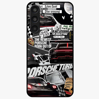 Porsche Racing Collage Glass Case showing flat back view with sports car racing collage artwork and glossy glass finish.