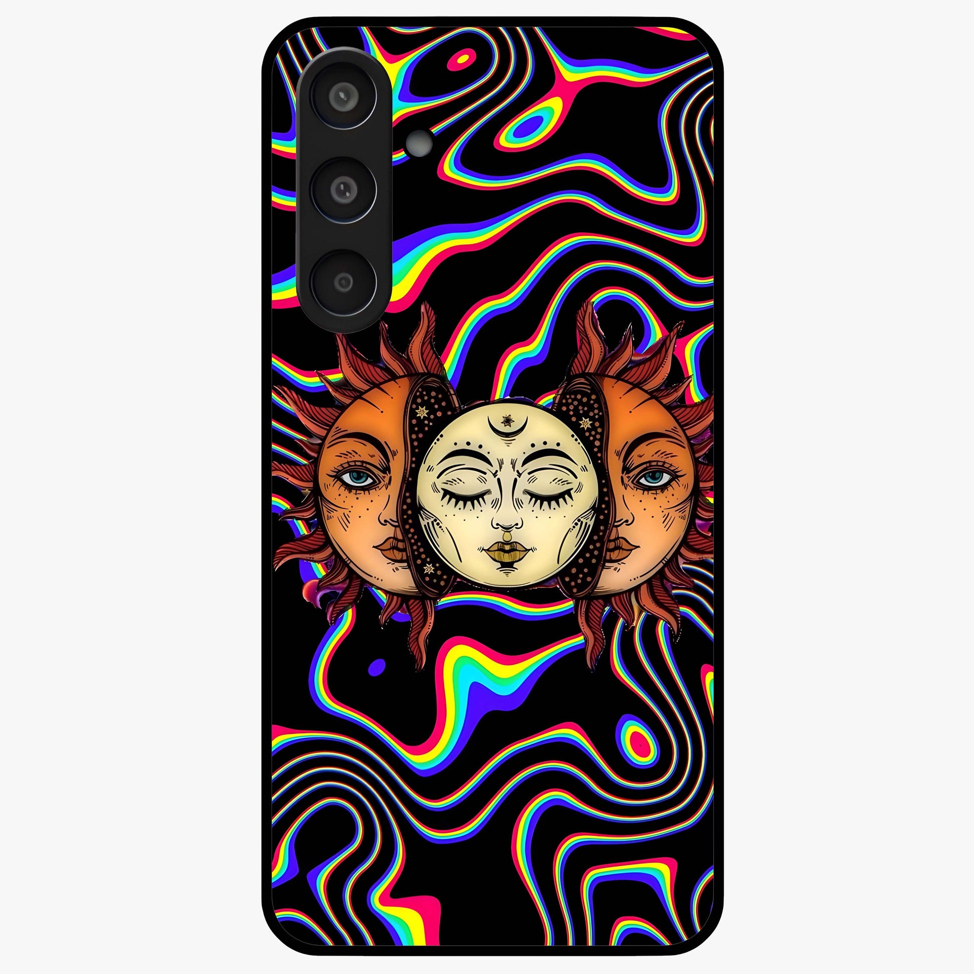 Psychedelic Sun Glass Case showing flat back view with colorful psychedelic sun artwork and glossy glass finish.