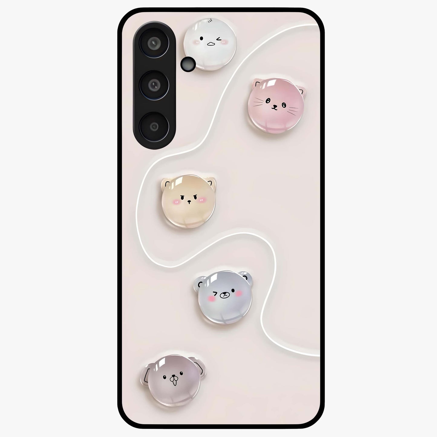 Puffy Face Parade Glass Case showing flat back view with cute puffy character faces artwork and glossy glass finish.