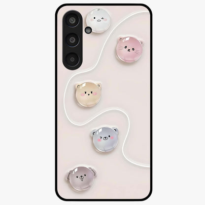 Puffy Face Parade Glass Case showing flat back view with cute puffy character faces artwork and glossy glass finish.