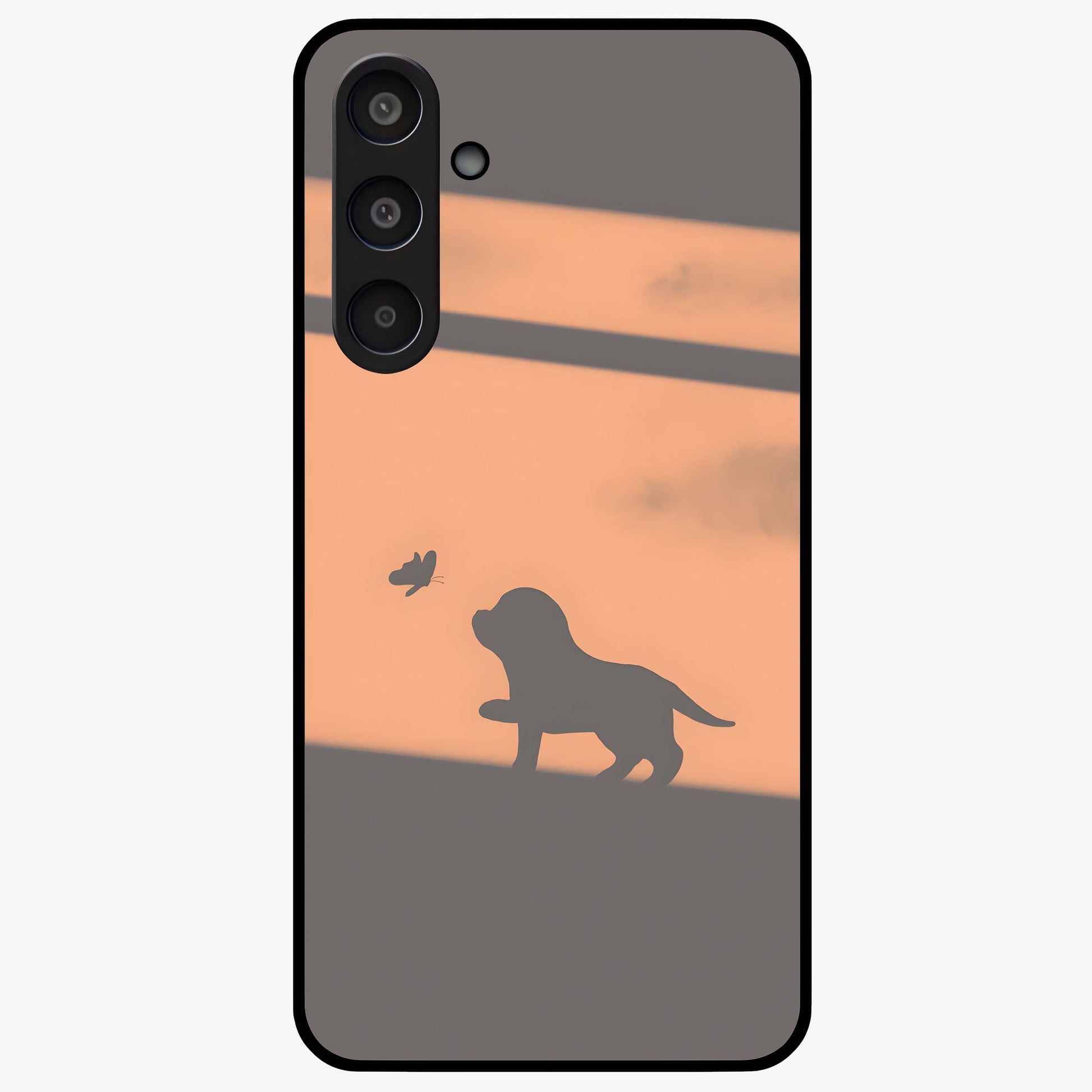Puppy Shadow Art Glass Case showing flat back view with cute puppy shadow style artwork and glossy glass finish.