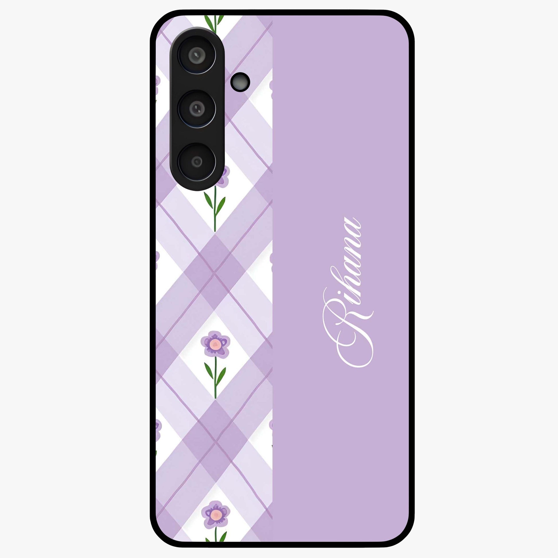 Purple Diamond Floral Glass Case showing flat back view with diamond shaped floral artwork and glossy glass finish.