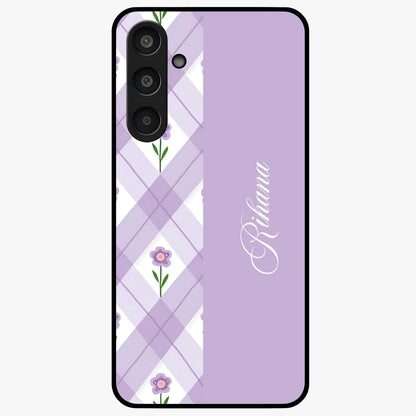 Purple Diamond Floral Glass Case showing flat back view with diamond shaped floral artwork and glossy glass finish.
