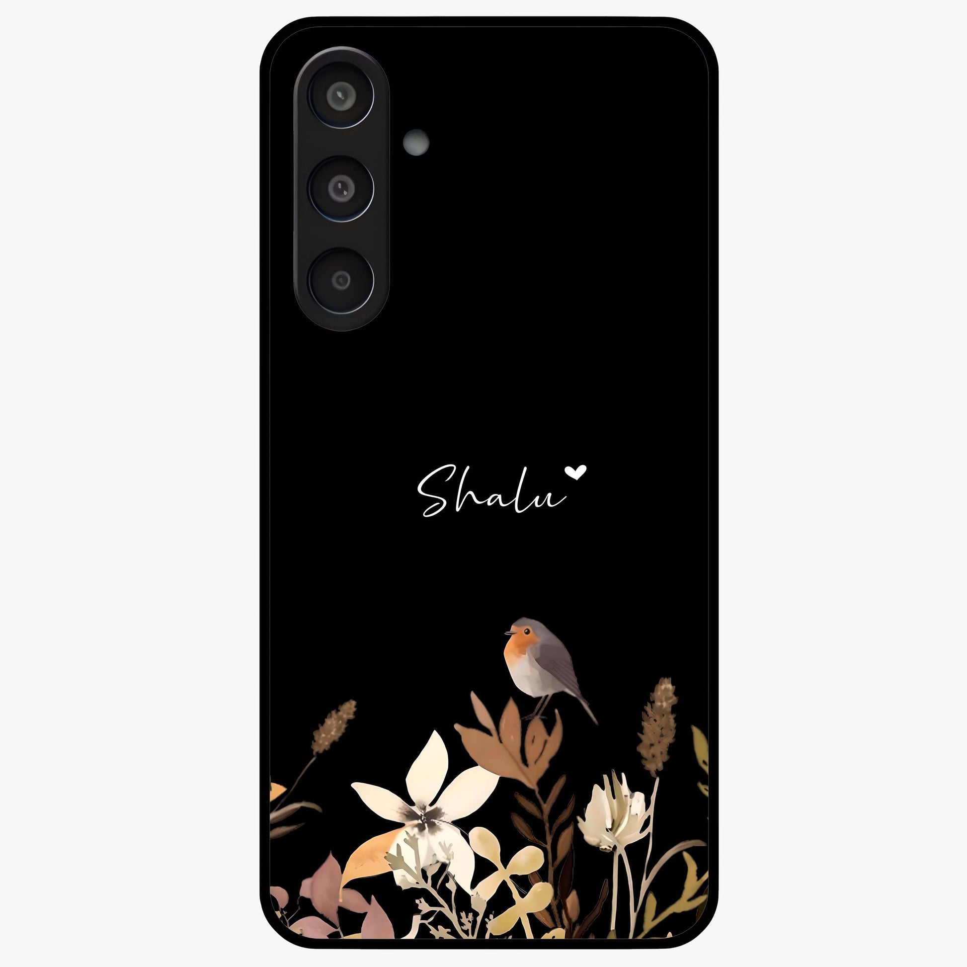 Quiet Garden Tune Custom Name Glass Case showing flat back view with peaceful garden artwork and personalized name design.