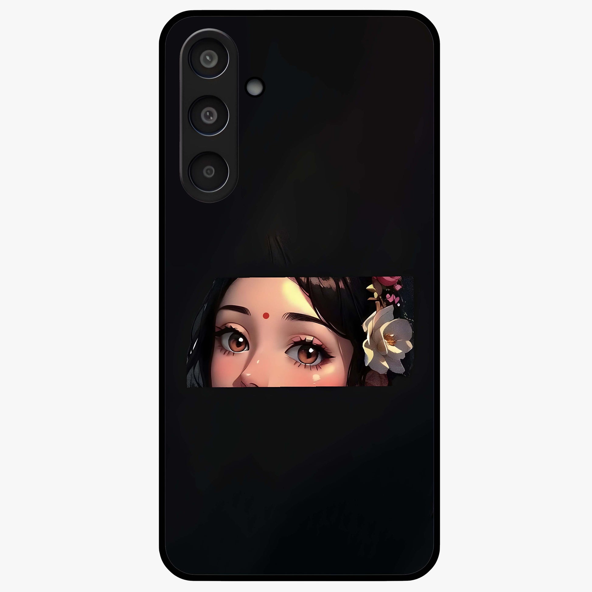 Radha Divine Embrace Glass Case showing flat back view with devotional Radha artwork and glossy glass finish.