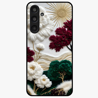 Radiant Bloom Elegance Glass Case showing flat back view with elegant blooming flower artwork and glossy glass finish.
