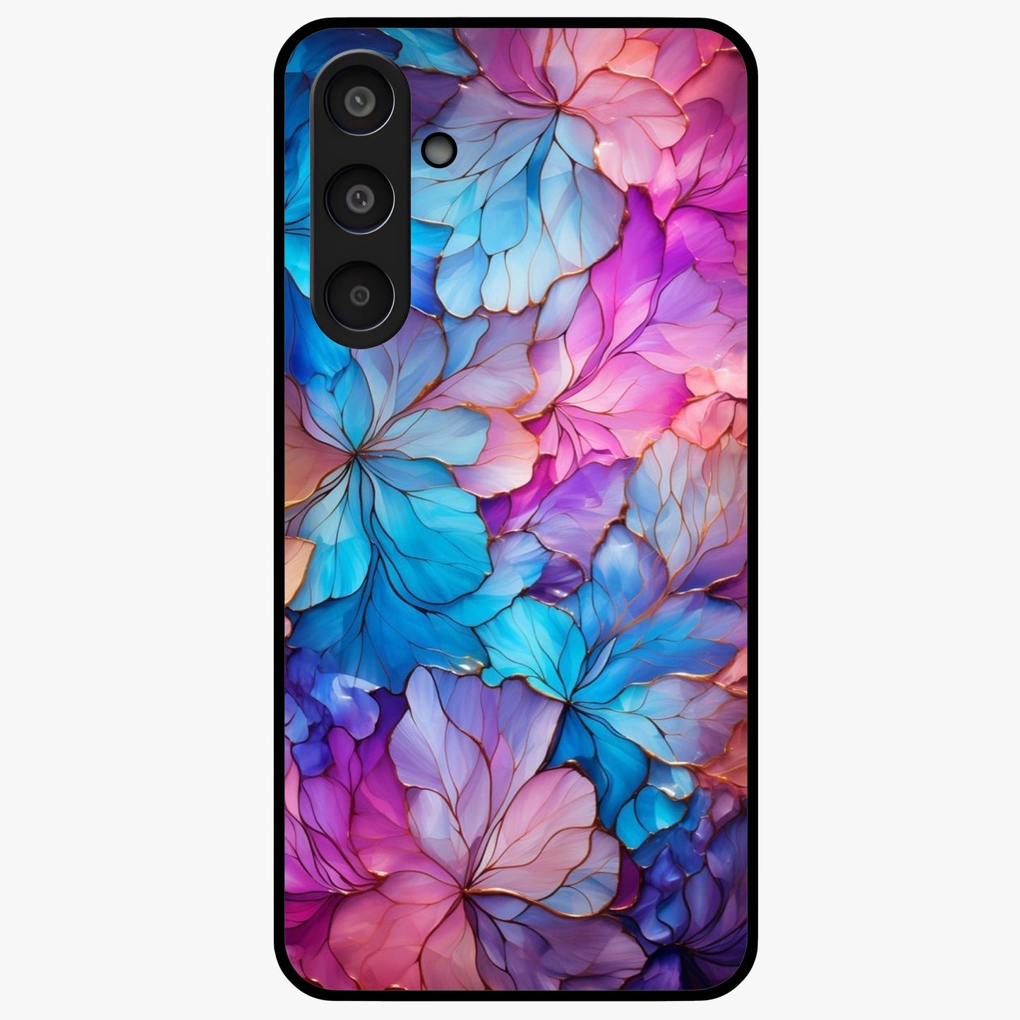 Radiant Floral Whirl Glass Case showing flat back view with swirling floral artwork and glossy glass finish.