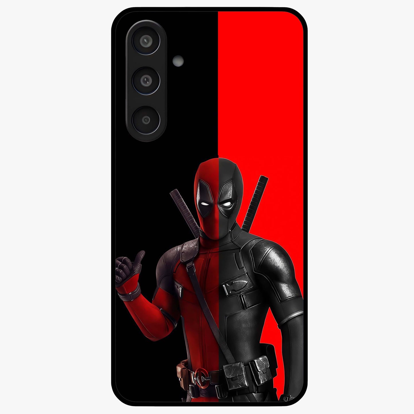 Red & Black Deadpool Theme Glass Case showing flat back view with bold comic inspired artwork and glossy glass finish.