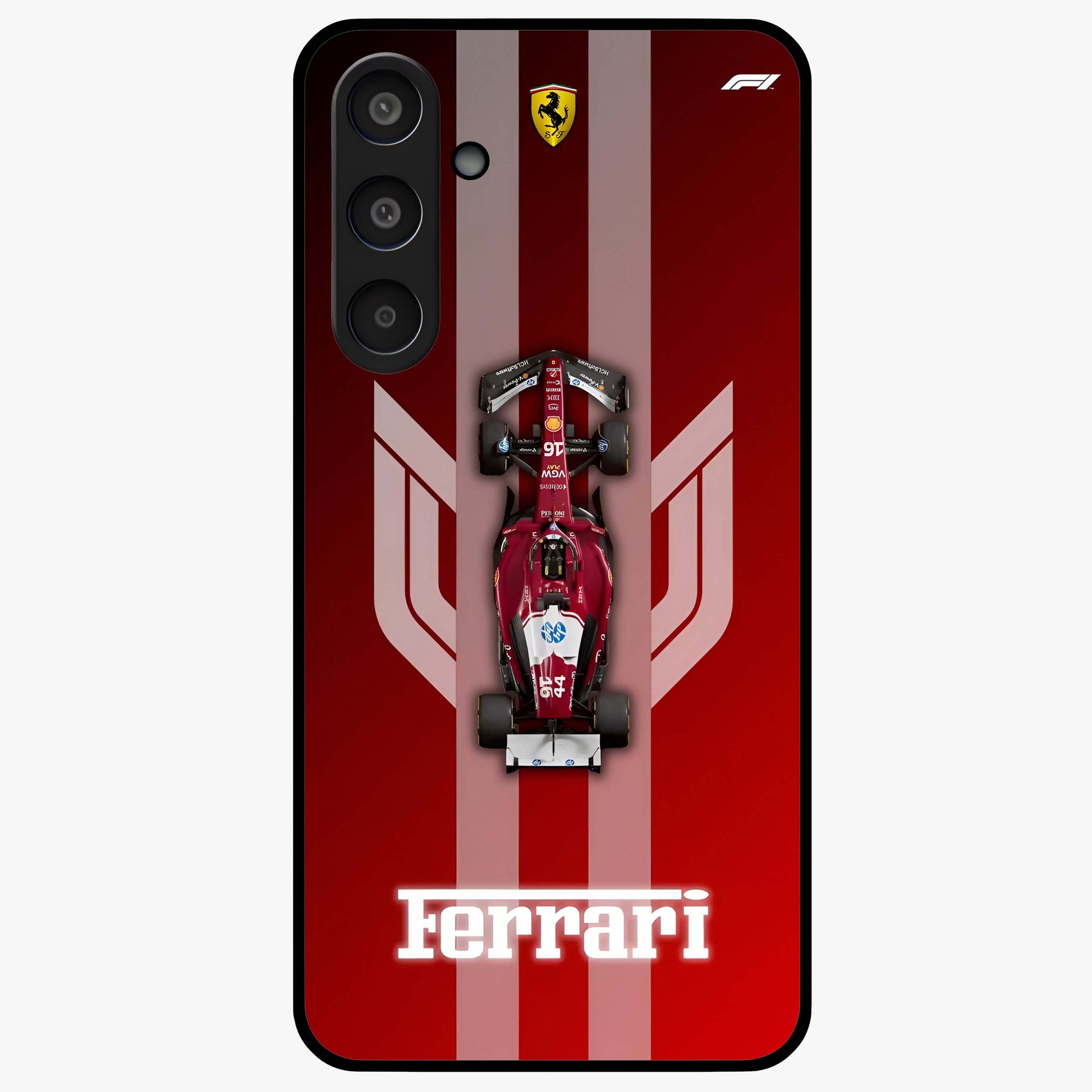 Red Ferrari F1 Vertical Glass Case showing flat back view with sleek Formula racing car artwork and glossy glass finish.